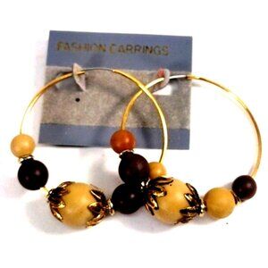 Boho Beaded Hoop Earrings – Natural Wood Look Beads, Gold-Tone Wire – Jewelry #2